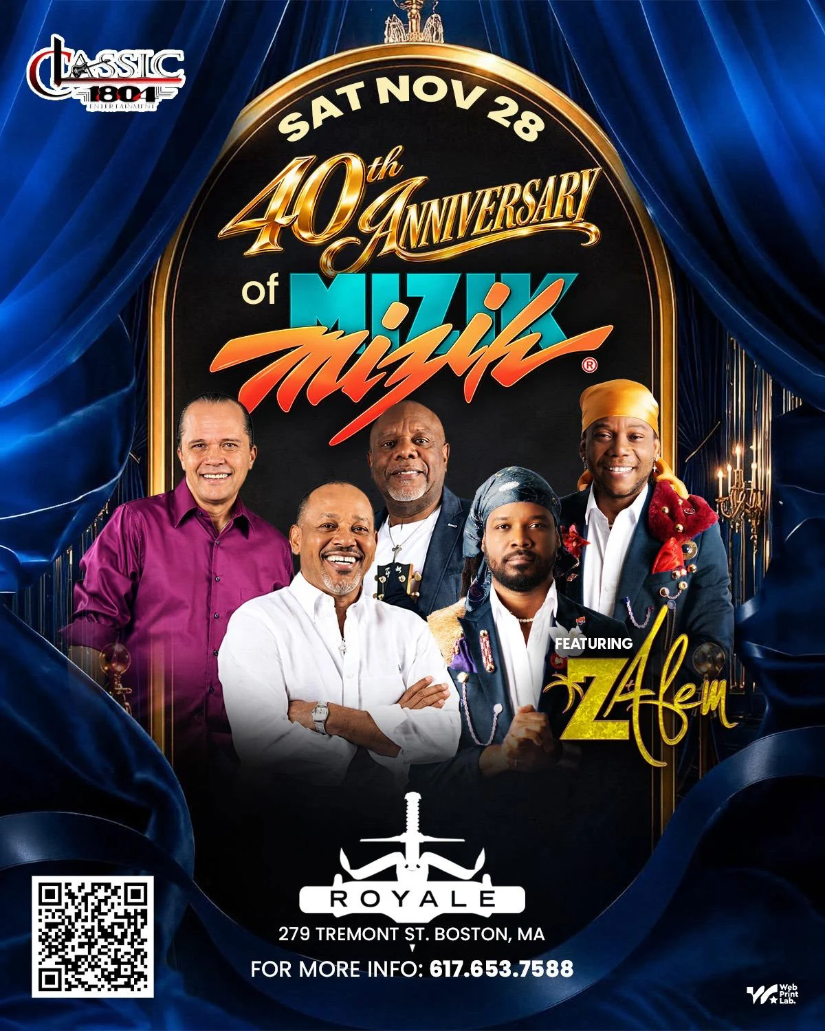 Official Mizik Mizik 40th Anniversary Saturday November 28 flyer featuring Zafem at Royale Boston